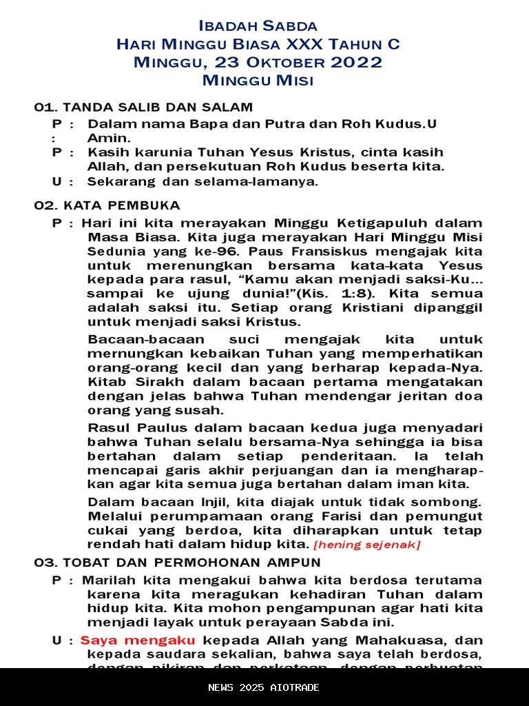 Misa Minggu 26 Oktober 2025, Pekan Biasa XXX, Tahun C