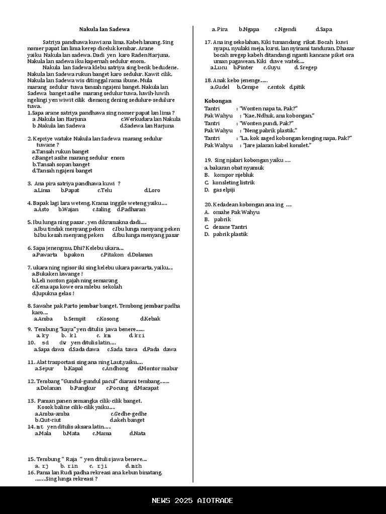 Jawaban 40 Soal Esai UTS Bahasa Jawa Kelas 3 SD Semester 1